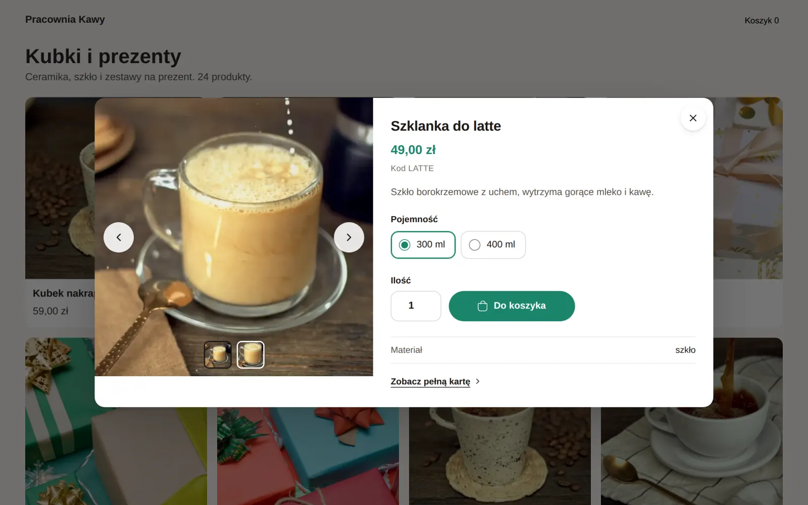 Lista Kubki i prezenty z otwartym oknem szybkiego podglądu: Szklanka do latte, 49,00 zł, pojemność 300 ml lub 400 ml i przycisk Do koszyka.
