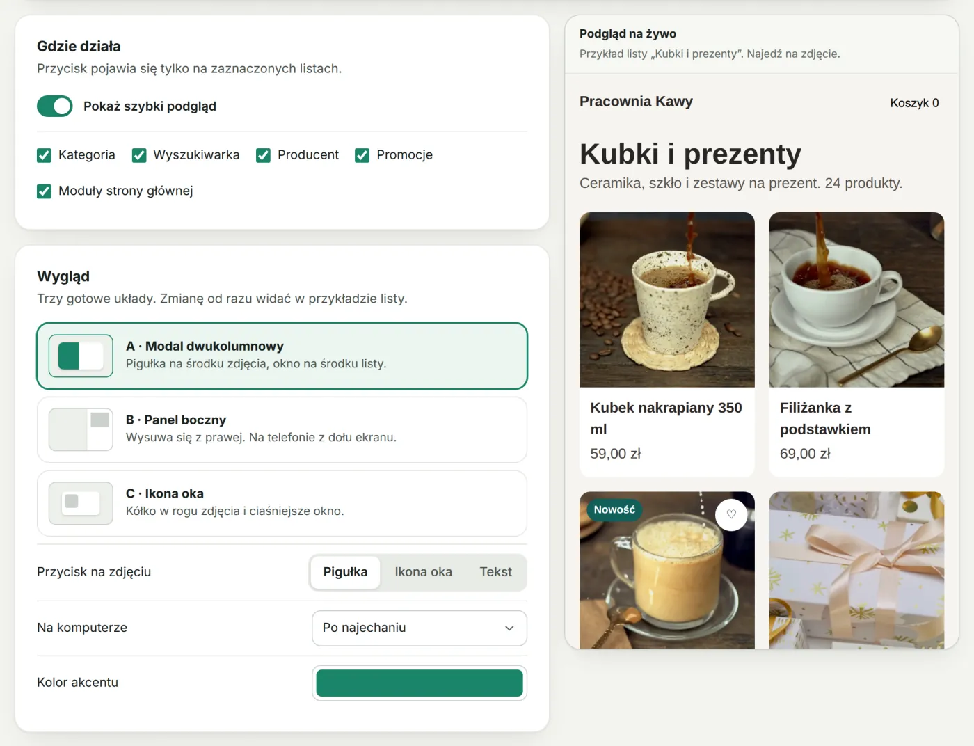Panel GrowQuick: lista stron z przyciskiem, wybór układu A, B lub C, przycisk na zdjęciu i kolor akcentu obok podglądu listy Kubki i prezenty.