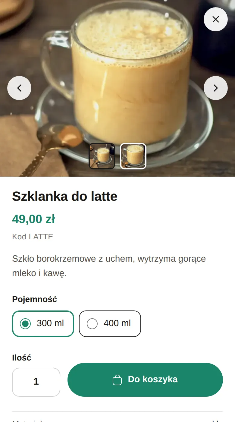 Układ A na telefonie: Szklanka do latte, cena, pojemność i przycisk Do koszyka.