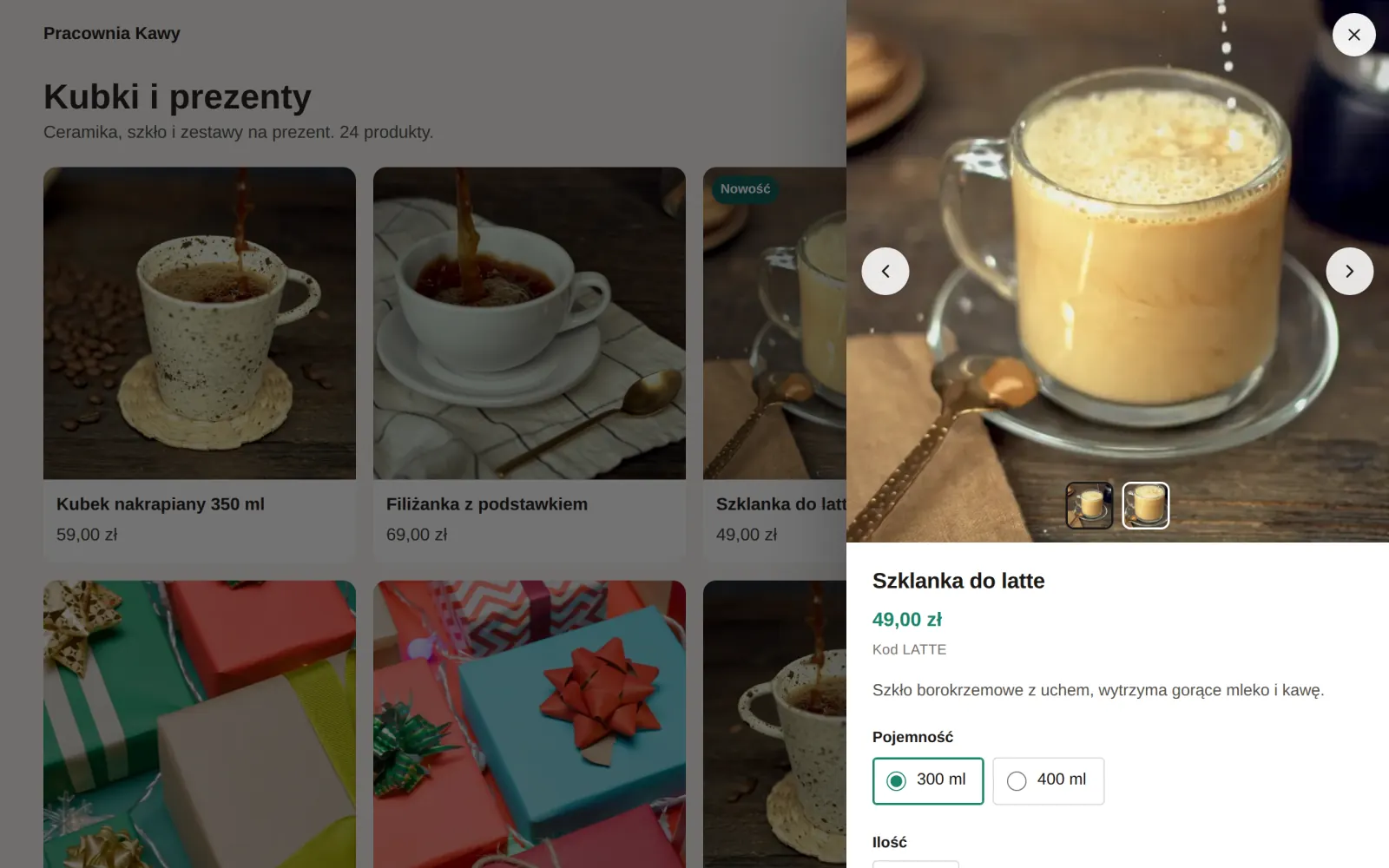 Układ B, Panel z boku: okno szybkiego podglądu Szklanki do latte nad listą produktów na komputerze.