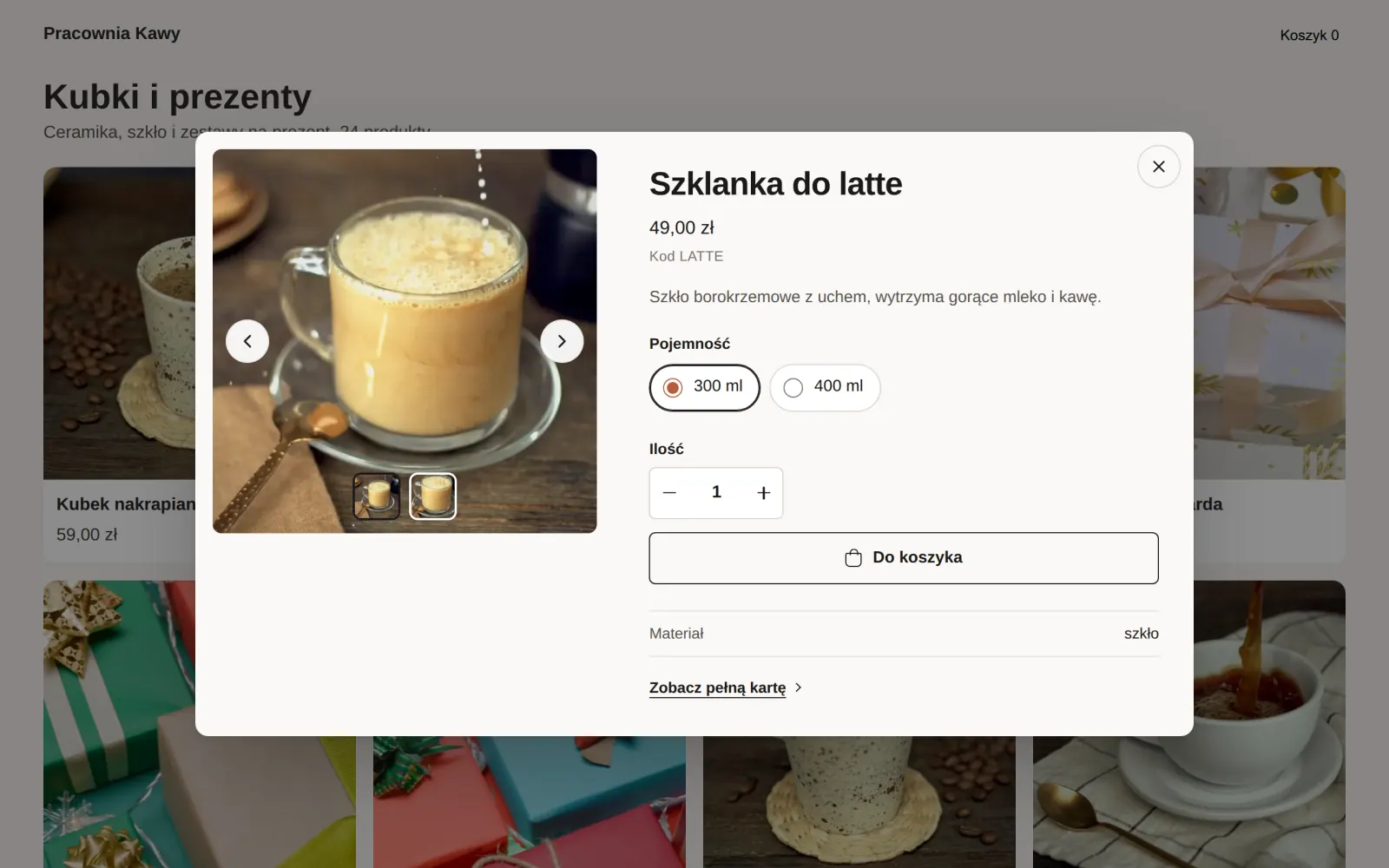 Układ C, Ikona oka: okno szybkiego podglądu Szklanki do latte nad listą produktów na komputerze.
