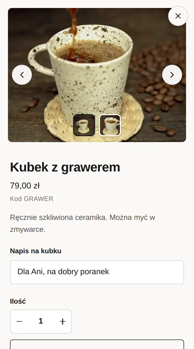 Okno szybkiego podglądu: Kubek z grawerem z wpisanym napisem Dla Ani, na dobry poranek.