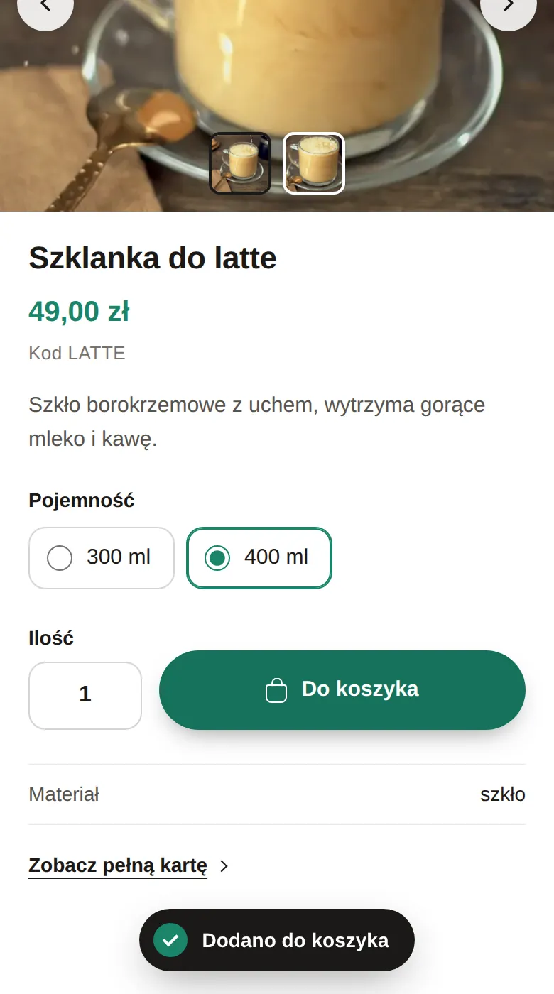 Okno szybkiego podglądu: Szklanka do latte, wybrana pojemność 400 ml i komunikat Dodano do koszyka.