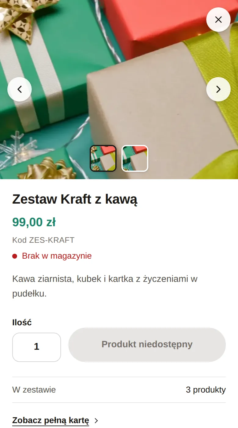 Okno szybkiego podglądu: Zestaw Kraft z kawą, napis Brak w magazynie i wyłączony przycisk Produkt niedostępny.